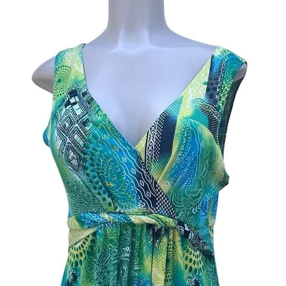 Maxi Dress Women's Medium Blue Green Abstract Mix Print Surplice Neck Sleeveless - Picture 3 of 14